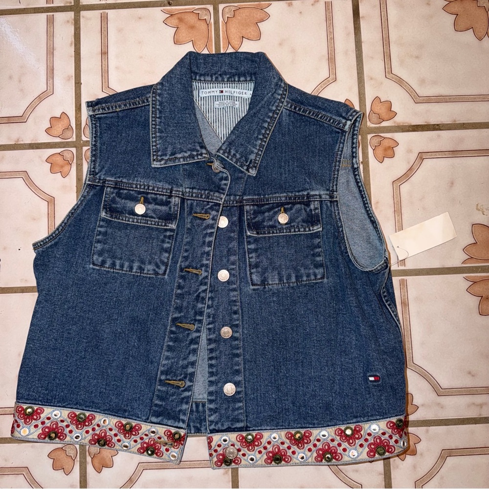 Vintage Tommy Hilfiger Blue Denim Vest with Floral Accents‎